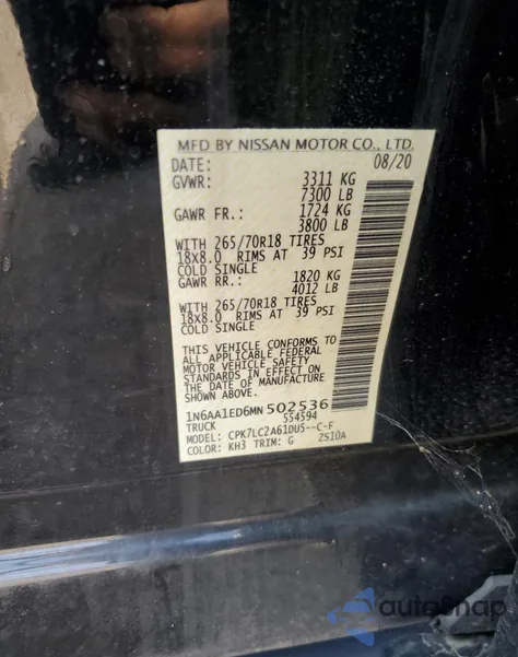 2021 Nissan Titan Sv z USA, uszkodzony, nr VIN 1N6AA1ED6MN502536